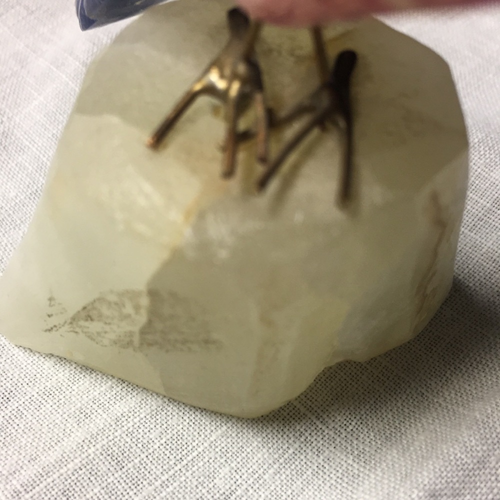 Hand Carved Bird Perched on Quartz Crystal Parrot Pink, Blue, White Calcite Peru - Picture 7 of 9